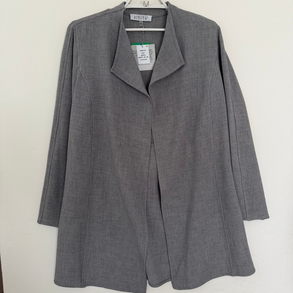 Kasper Open Front Lightweight Jacket L Pebble Gray Textured Knit Long Sleeve
